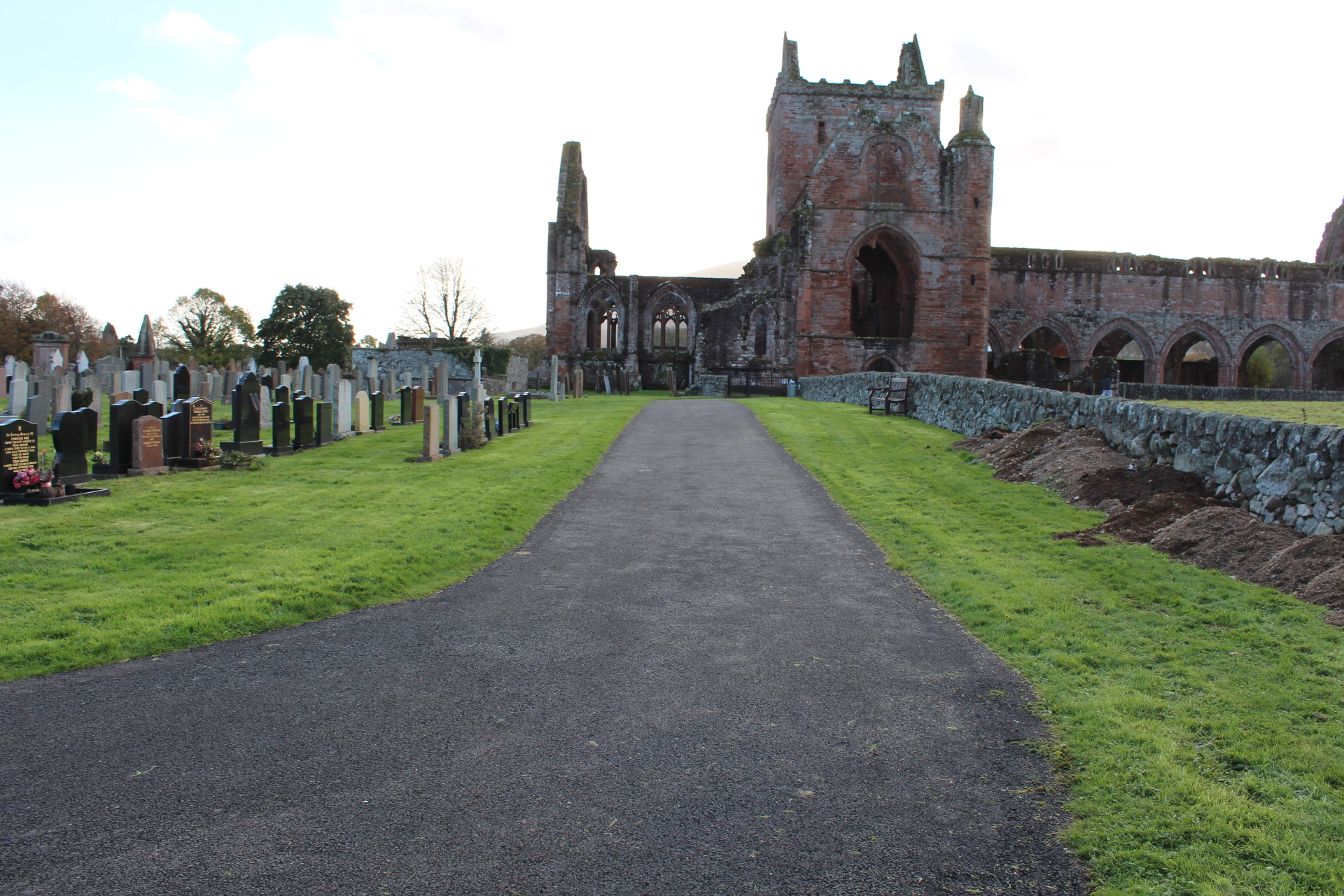 The red sandstone ruins of Sweetheart Abbey at New Abbey