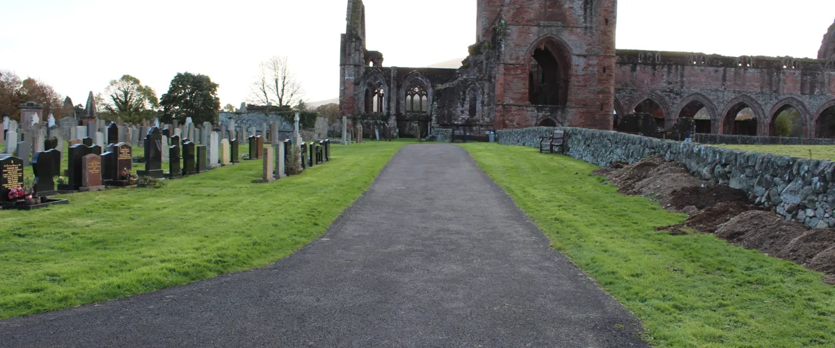 The red sandstone ruins of Sweetheart Abbey at New Abbey